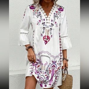 Boho floral print lace insert flare sleeve dress
